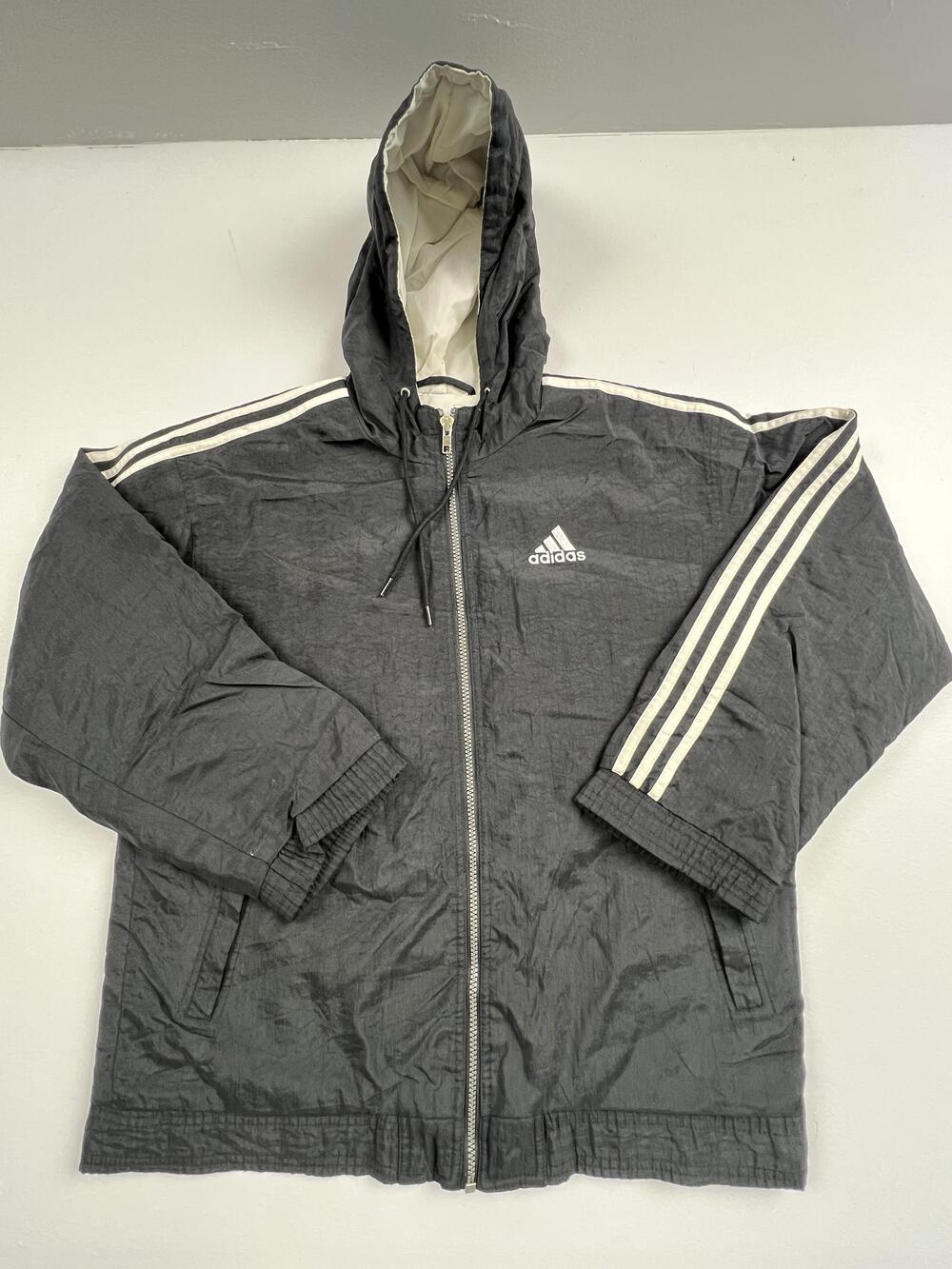 Adidas Windbreaker Jacket Mens Black Hooded Full Zip 3 Stripes Insulated Read